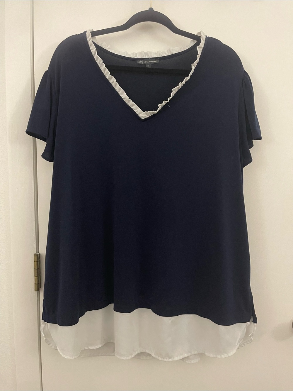Adrianna Papell Navy Top with White Ruffle Trim and Hem